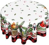 Giwawa Winter Birds Round Tablecloth 60 Inch Christmas Holly Berries Pine Cone Table Cloth Cover with Red Black Buffalo Plaids Non-Slip Washable for Kitchen Dining Seasonal Holiday Decor