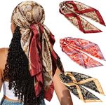 CHLINS 35" Satin Square Hair Scarf Bandanas 3Pcs Large Silk Head Scarves Lightweight Satin Hair Kerchief Sleeping Hair Wraps (Brown+Black+Orange)