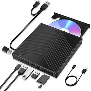 7 in 1 External CD DVD Drive for laptop Windows 11 10, USB 3.0 and Type-C Portable CD DVD +/-RW ROM Drive Reader Burner Rewriter with SD/TF Slot,4 USB & USB-C Port, Slim DVD Player for Linux, Mac OS