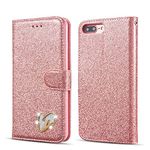 QLTYPRI for iPhone 6 Case iPhone 6S Case Wallet Case Bling Shiny Glitter Heart Flip Folio Case Shockproof Cover Card Slots Magnetic Closure Kickstand Wrist Strap for Women Girls - Rose Gold