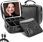 Travel Makeup Bag with LED Mirror, 3-Color Mode LED Mirror, Waterproof PU Leather Makeup Organizer with Adjustable Divider Compartments for Women's Cosmetics