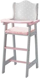 Olivia's Little World Doll High Chair for Baby Dolls, Wooden Doll Play Furniture with Pastel Polka Dot Princess Print & Fabric Seat for 16" to 18" Dolls, Gray/Pink