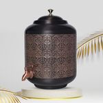 Decorative India Copper Carving Water Dispenser Matka Vessels Container Pot with Stainless Steel Tap 11 Litre Ayurvedic Health Benefits Yoga (Black Antique Glossy Finsh)