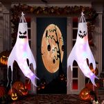 Halloween Ghost Windsock, 2 Pcs Scary Halloween Hanging Ghost Decorations With 4 LED Lights, Halloween Windsocks Flag for Yard Indoor Patio Lawn Haunted House, Halloween Decorations Outdoor