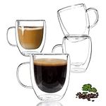 Double Walled Glass Coffee Mugs, Set of 4 Clear Glass Coffee Mugs with Handle, 350ML Glass Tea Cups, Insulated Coffee Mug for Latte, Cappuccinos, Hot/Cold Drink, Blacktea