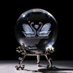 3D Engraving Crystal Double Swan Figurine with Love Heart Sphere 60mm(2.3inch) Crystal Ball Paperweight with Stand Base for Girls or Women