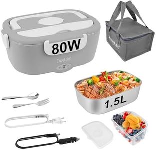 ErayLife Fiambrera Eléctrica 80W, Fiambrera Eléctrica Acero Inoxidable 3 en 1 220V/ 24V/ 12V, Calentador de Comida Portátil Desmontable a Prueba de Fugas de 1,5L para Coche/Camión/Oficina, Gris