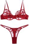 VORIXIA Lingerie Sexy Bra and Panty Set for Women See Through Sheer Underwear Cute Exotic Foral Embroidery Babydoll Suit(R-XL) Red