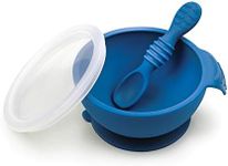 Bumkins First Feeding Set - Bowl With Suction Base, Lid, Spoon, Baby Led Weaning, BPA-Free, Microwave/Dishwasher/Freezer Safe, 100% Silicone, Deep Blue