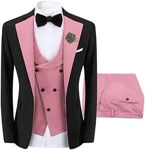 Sliktaa Hommes 3 Pièces Costume Un Bouton Slim Fit Formelle Mariage Dîner Costume Blazer Gilet et Pantalon Multicolore,Rose,L