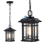 MYHXQ 10.25'' Outdoor Pendant Lights for Porch, Dusk to Dawn Black Exterior Hanging Lanterns Outdoor, Farmhouse Outdoor Ceiling Light Fixture, Waterproof Tempered Seed Glass Outdoor Chandelier, 1Pack