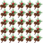 Noverlife 25 PCS Mini Artificial Pine Picks with Red Berries & Natural Pinecones, Christmas Evergreen Pine Sprigs and Holly Berries, Faux Pine Needles for Festival Xmas Decorations Table Centerpiece