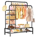 ZHZIRO Metal Clothes Rail Double Pole Clothes Rack Multifunctional Garment Rack with Storage Shelves Suitable for Home Bedroom for Coats, Bags, Shoes, Boots(Black)