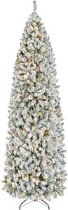 Yaheetech 9ft Pre-lit Snow Flocked Pencil Christmas Tree Kingswood Fir Hinged Slim Skinny Corner Xmas Tree Holiday Decoration with 350 Incandescent Warm White Lights & 1086 Snow Branch Tips, White