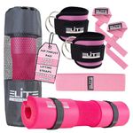 Elite Athletics Barbell Squat Pad with Secure Straps & Carry Bag for Women & Pair of Gym Ankle Straps for Cable Machines, 2 Hip Resistance Bands, 2 Lifting Straps for Women