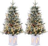 GarveeHome 3 Ft Pre-Lit Holiday Trees Set of 2, Snow Flocked with Lighting Snowman Base Festive Decoration, 78 LED Lights, Battery Powered Timer