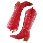 Eteridrey Cowboy Boots for Women Pointed Toe Western Cowgirl Boots Chunky High Heel Glitter Boots for Prom Sparkly Knee High Boots, 1red, 6.5 UK