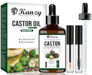 Kanzy Castor Oil for Eyelashes and Eyebrows 50ml Cold Pressed for Hair Growth 100% Natural and Pure with Brushes for Hair, Beard, Nails, and Skin