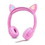 Olyre Girls Headphones with LED Light Up Cat Ears 85db Hearing Protection Kids Headphones 3.5mm jack over ear - Pink