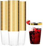 Tebery 100 Pack Gold Plastic Cups Tumblers, 10oz Clear Reusable Wedding Cups Elegant Party Cups with Gold Rim