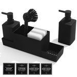 Kitchen Soap Dispenser Set, Washing Up Liquid Dispenser with Sponge Caddy and Brush Holder, Dish Soap Dispenser for Kitchen Countertop Sink Organiser (Black, 4 in 1)
