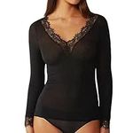 Women's Long Sleeve Lace V-Neck T-Shirt Under Scrub Slim Fit Thermal Undershirts Basic Tight Tee Casual Pullovers Tops (A-Black, L)