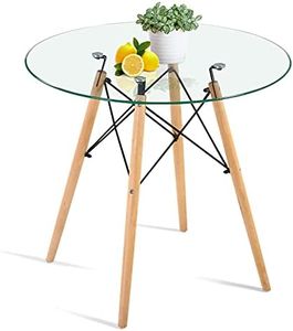 Round Glass Dining Table Small Kitchen Table Modern Circle Dining Room Table 32" with Wood Legs for Dinner Small Spaces Clear