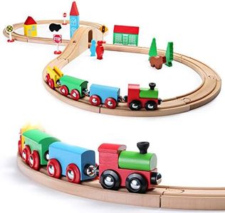 SainSmart Jr. Wooden Train Set Toy with Double-Side Train Tracks, 4 Magnetic Train Cars and Wooden Bridge Railway Set for Toddlers, 37 PCS