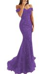 Women's Laces Prom Dress Mermaid Off The Shoulder Formal Dress Evening Party Gowns with Train, Dusty Purple, 16