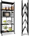 Svkiyang Foldable Storage Shelf Unit on Wheels Large Capacity (No Assembly) Heavy Duty Steel 5-Shelving Organizer Rack for Kitchen, Garage and Laundry Bathroom Tool Organization (5, Black)