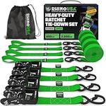 Rhino USA Ratchet Tie Down Straps (Set of 4) - 2000kg Max Break Strength, 4cm x 2.4m Heavy Duty Tie Downs with Hooks (4pcs) - Strap for Furniture Moving & Securing Cargo - Green
