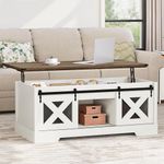 YITAHOME Farmhouse Coffee Table, Lift Top Coffee Table with Storage & Sliding Groove Barn Door,Rustic Coffee Tables for Living Room, Center Table for Living Room, Brown and White