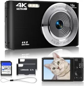 Black Digital Camera 2025 Upgrade 4K 44MP Digital Cameras for Teens, Digital Point and Shoot Camera for Kids with 16X Zoom, 64GB SD Card, Compact Small Camera for Boys Girls Teens Kids Gift