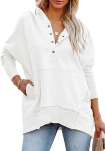 PRETTYGARDEN Women Long Sleeve Casual Button V Neck Hoodies Oversized Sweatshirt Hooded Tops with Big Pockets (Beige White,X-Large)