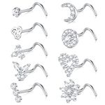 Zolure 18G Nose Stud Ring Stainless Steel Nose Stud with Moon Flower Heart CZ Screw Nose Rings for Women Nose Screw Piercing 9PCS - Silver