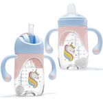 hahaland 2 in 1 Baby Cups & Sippy Cup with Straw and a Spout 240ML, Toddler Drinks Water Bottles Trainer Cup with Handles for Babies 6 12 Months - Unicorn (One Cup with 2 Nipples)