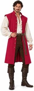 MCJC Men's Pirate Vest with Belt, Long Renaissance Costume Waistcoat for Halloween Red