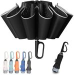 TUMAAOTU Compact Inverted Umbrella with Never Forget Carabiner Handle - Travel Umbrella Windproof Strong, Reverse Umbrellas for wind rain, Auto Open Close, 10 Rib Durable Frame for Women Men (Black)