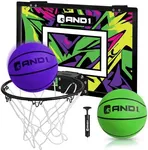 AND1 Over The Door Mini Basketball Hoop: 18x12 Shatterproof Backboard, 2 Mini Basketballs, and Hand Pump Included- Ultimate Indoor Basketball Accessory for Kids and Adults, No Tools Required