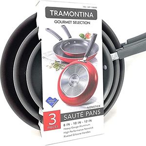 Tramontina Gourmet Selection 3 Piece Set Nonstick Saute Pans (8", 10" & 12") Heavy-Gauge Aluminium High Performance Nonstick Riveted Silicone Handles (Metallic Canyenne Red)