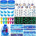 Capoda 84 Pcs Shark Party Favors Set for 12 Silicone Wristbands Stampers Keychains Clap Bracelets Tattoo Stickers Shark Toys Blue Gift Bags for Boys Girls Shark Birthday Party Supplies