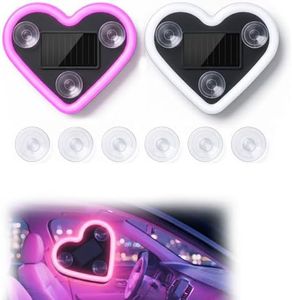 2PCS Car LED Ambient Light, Solar Heart Lights for Car Window (Pink)