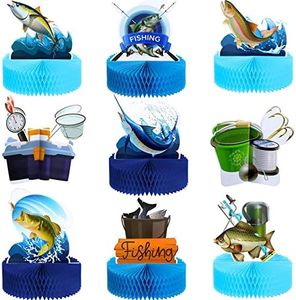 9 Pcs Gone Fishing Party Centerpiece Fishing Table Decor 3D Fishing Birthday Party Supplies Fishing Birthday Decorations Fish Paper Signs Honeycomb for Baby Shower Retirement Theme Party Father's Day