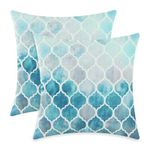 CaliTime Cushion Covers 2 Pieces 50cm x 50cm Hand Grey Turquoise Manual Hand Painted Colorful Geometric Lattice Chain Print Throw Pillow Cases