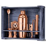 Mixology & Craft Cocktail Shaker Set - 11-Piece Cocktail Making Set w/Shaker & Rustic Wooden Stand - Bartender Kit and Cocktail Mixer Gift Set Copper