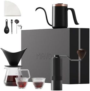 MAVO Pour Over Coffee Maker Set, 12 in 1 Set Box, Manual Coffee Grinder, Pour Over Kettle, Ceramic Pour Over Coffee Dripper with Tray, Glass Coffee Servers, Coffee Cup, Paper Coffee Filter, Black