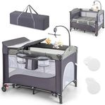 Maxmass 6-in-1 Baby Travel Cot, Infant Bedside Sleeper with Detachable Changing Table, Music Box and Hanging Toys, Adjustable Nursery Center for Newborn Toddlers (Classic)