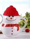 miRim Ceramic Snowman Shape Coffee/Milk Mug with Silicon Cap - 1 Piece (Red)