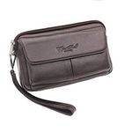 Leather Clutch Bag Wrist Purse for Men Women Travel Outdoor Business Organizer Wristlet Strap Pouch Coin Money Wallet Handbag Multi-Purpose Cell Phone Holder Daypack Coffee