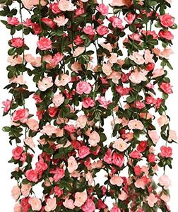 PARTY JOY 5 pcs Flower Garland Fake Rose Vine Artificial Flowers Hanging Rose Ivy Hanging Baskets Wedding Arch Garden Background Decor (Pink, 5)